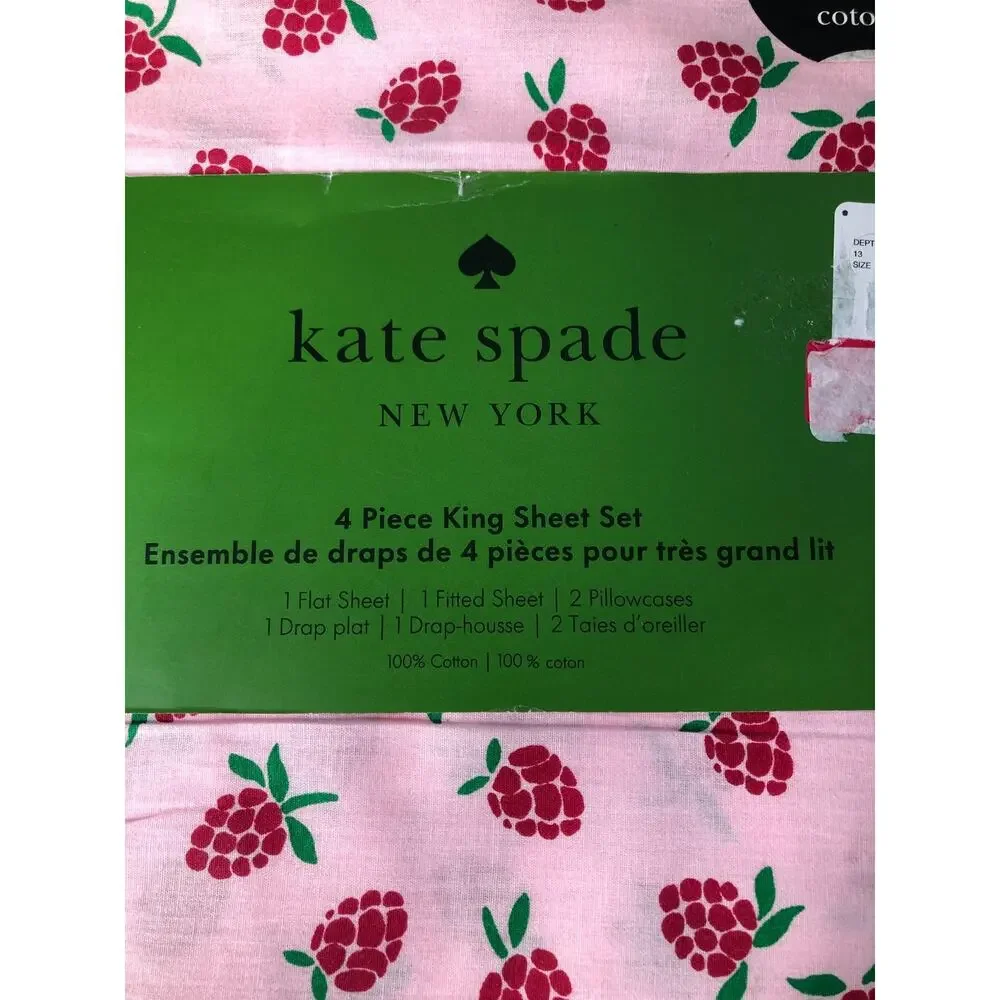 NEW 4pc Kate Spade king Sheet Set RASPBERRIES 100% Cotton Percale